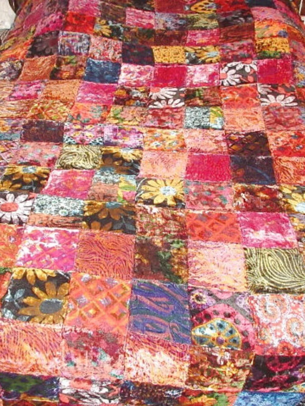 Vtg 70s Velvet Patchwork Quilt King / Cal. King Handmade Groovy Psychedelic Boho